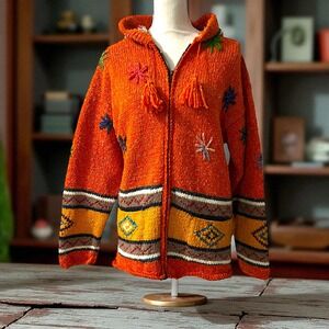 Imbabura Hand Knit Wool Blend Full Zip Hoodie Sweater Orange Ethnic Fair‎ Isle L